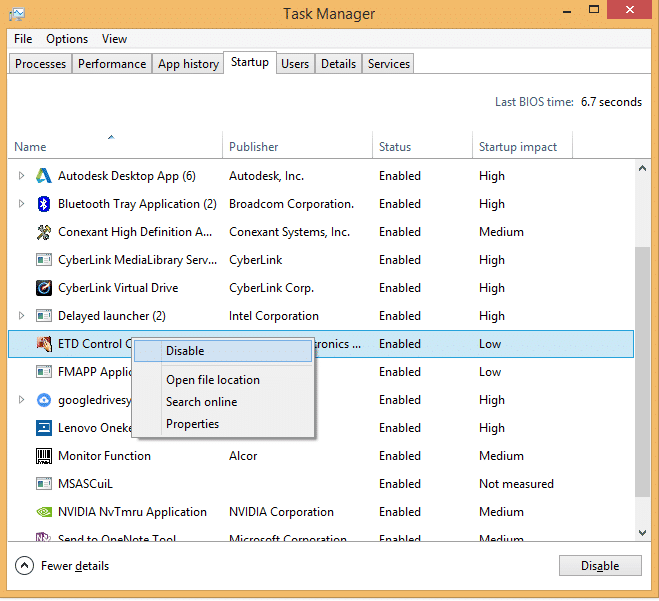 ss task manager startup disable