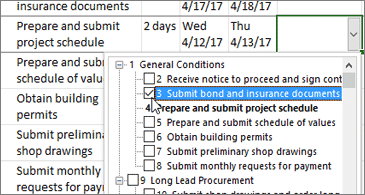 Project plan with a dropdown containing tasks